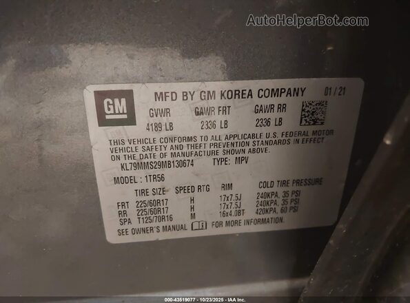 KL79MMS29MB130674 2021 CHEVROLET TRAILBLAZER Gray Вид підкапотного простору