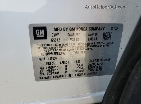 KL79MPSL8MB038997 2021 CHEVROLET TRAILBLAZER Белый Вид наклейки с VIN-кодом