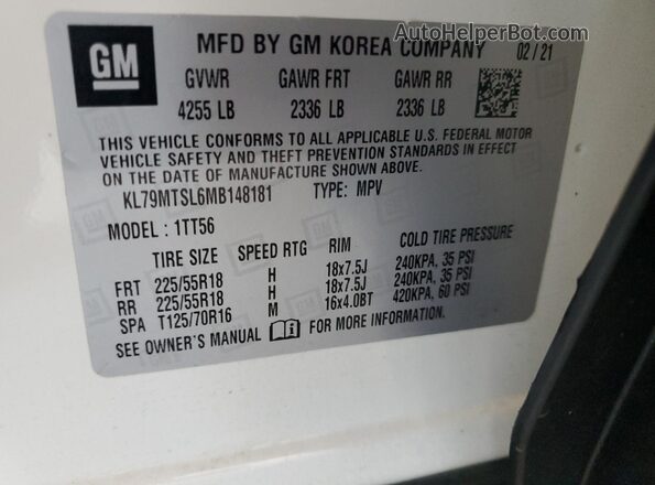 KL79MTSL6MB148181 2021 CHEVROLET TRAILBLAZER White VIN sticker view