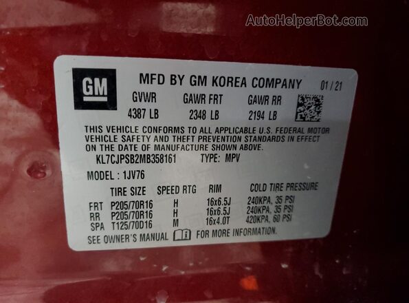 KL7CJPSB2MB358161 2021 CHEVROLET TRAX Красный Вид наклейки с VIN-кодом