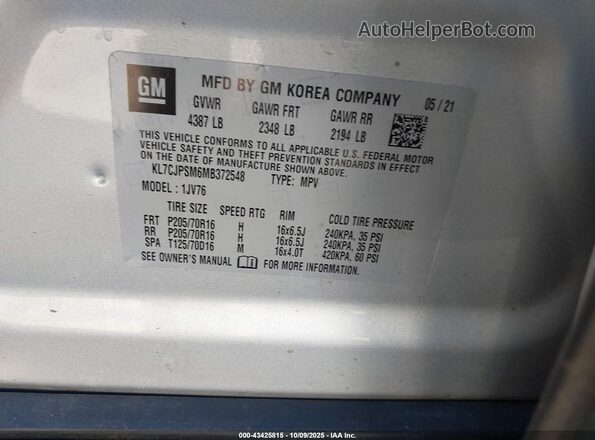 KL7CJPSM6MB372548 2021 CHEVROLET TRAX Silver Vista del compartimento del motor