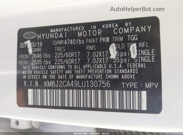 KM8J2CA49LU130756 2020 HYUNDAI TUCSON Белый Вид подкапотного пространства