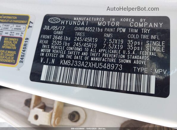 KM8J33A2XHU548973 2017 HYUNDAI TUCSON White Vista del compartimento del motor