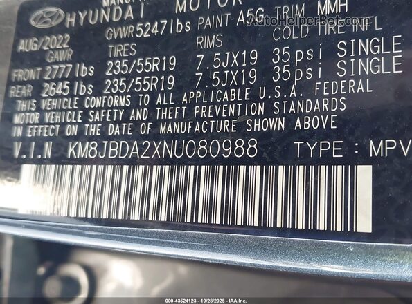 KM8JBDA2XNU080988 2022 HYUNDAI TUCSON PLUG-IN HYBRID Blue Vista del compartimento del motor