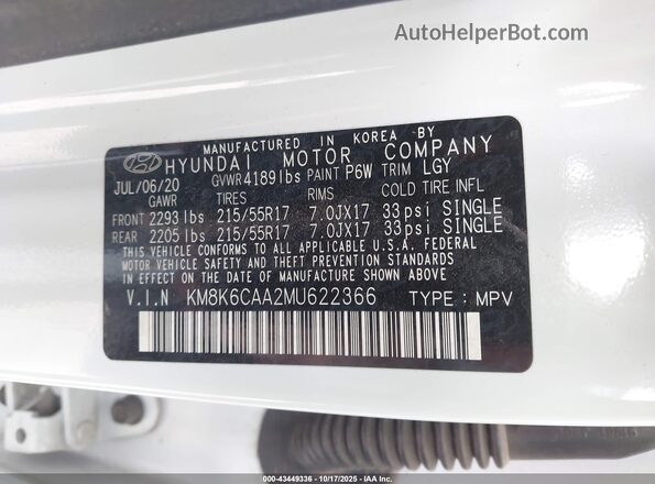 KM8K6CAA2MU622366 2021 HYUNDAI KONA White Շարժիչի բաժամունքի տեսք