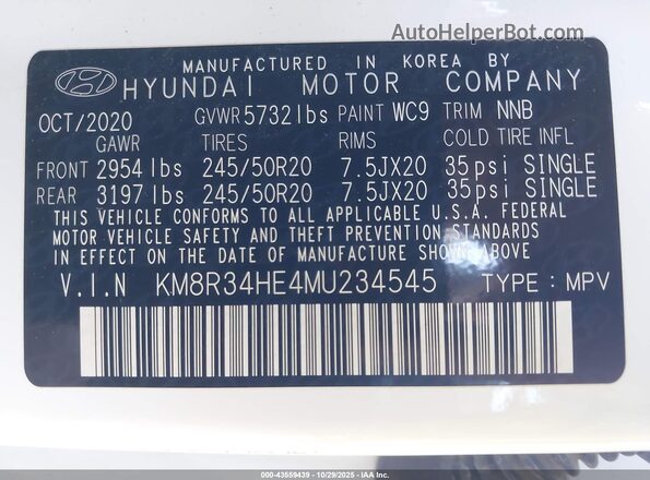 KM8R34HE4MU234545 2021 HYUNDAI PALISADE White Vista del compartimento del motor
