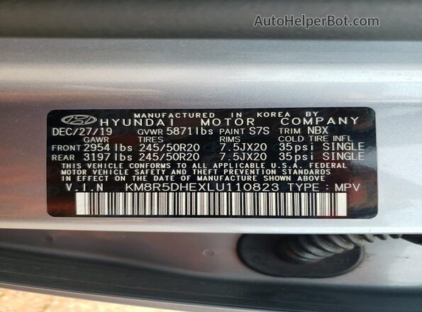 KM8R5DHEXLU110823 2020 HYUNDAI PALISADE Silver Widok naklejki z numerem VIN