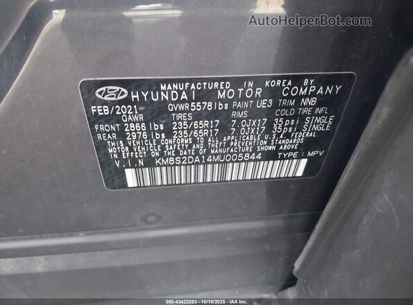 KM8S2DA14MU005844 2021 HYUNDAI SANTA FE HYBRID BLUE Gray Շարժիչի բաժամունքի տեսք
