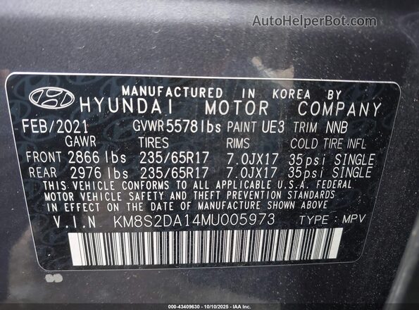 KM8S2DA14MU005973 2021 HYUNDAI SANTA FE HYBRID BLUE Gray Շարժիչի բաժամունքի տեսք