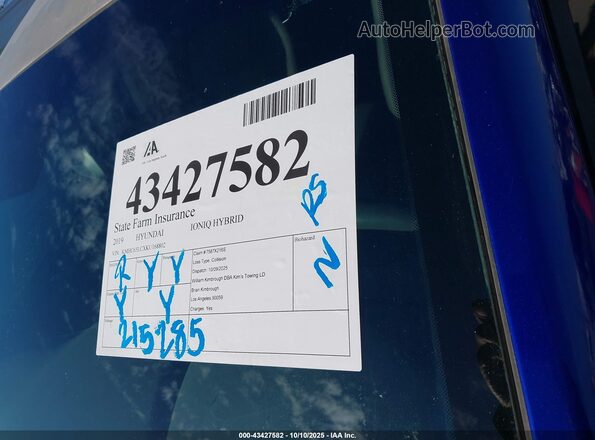 KMHC65LCXKU168802 2019 HYUNDAI IONIQ HYBRID Синий 