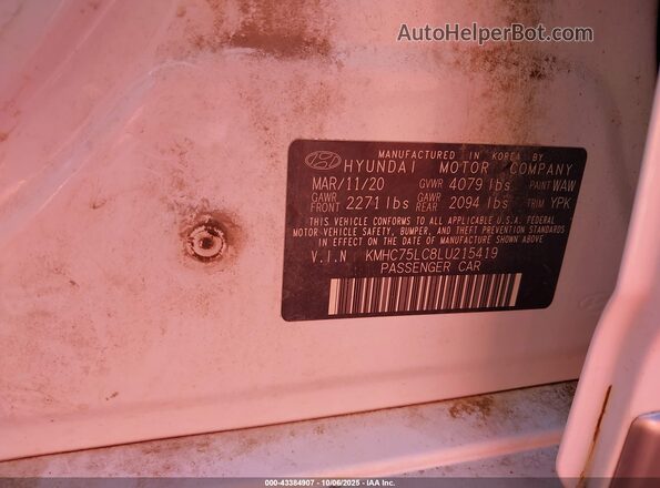 KMHC75LC8LU215419 2020 HYUNDAI IONIQ HYBRID White Вид підкапотного простору