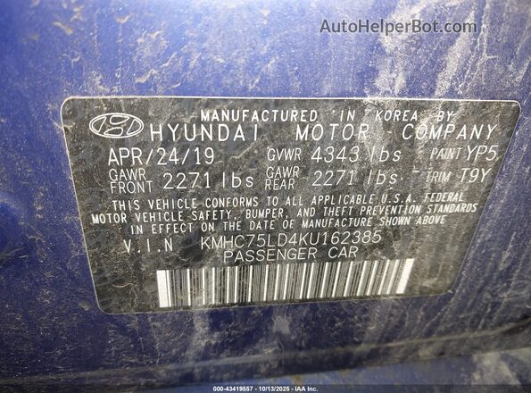 KMHC75LD4KU162385 2019 HYUNDAI IONIQ PLUG-IN HYBRID Синий Вид подкапотного пространства