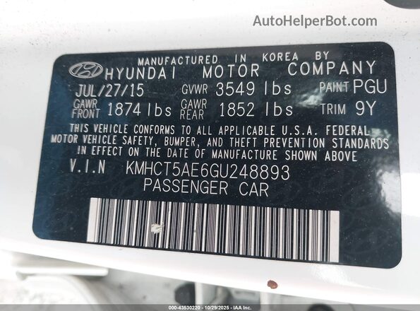 KMHCT5AE6GU248893 2016 HYUNDAI ACCENT Белый Вид подкапотного пространства
