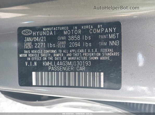 KMHLL4AG3MU130193 2021 HYUNDAI ELANTRA Gray Engine compartment view