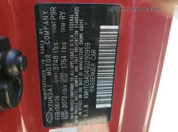 KMHTC6AD4GU290959 2016 HYUNDAI VELOSTER Red VIN კოდის სტიკერის ხედი