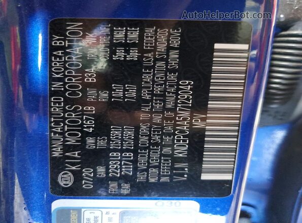 KNDEPCAA5M7129049 2021 KIA SELTOS Синий Вид наклейки с VIN-кодом