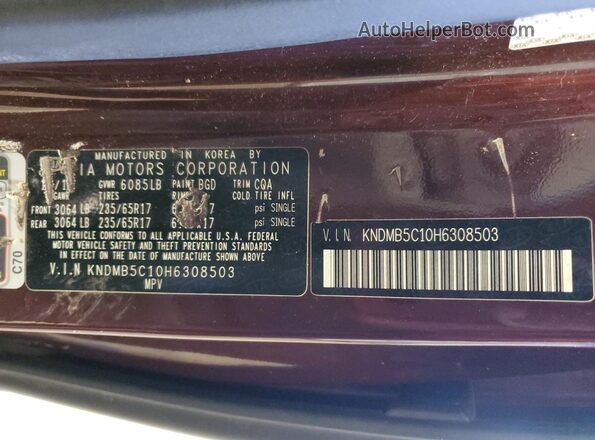 KNDMB5C10H6308503 2017 KIA SEDONA Бордовый Вид наклейки с VIN-кодом