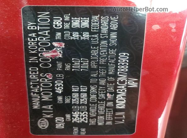 KNDPM3AC3M7883909 2021 KIA SPORTAGE Red Вид наклейки з VIN-кодом