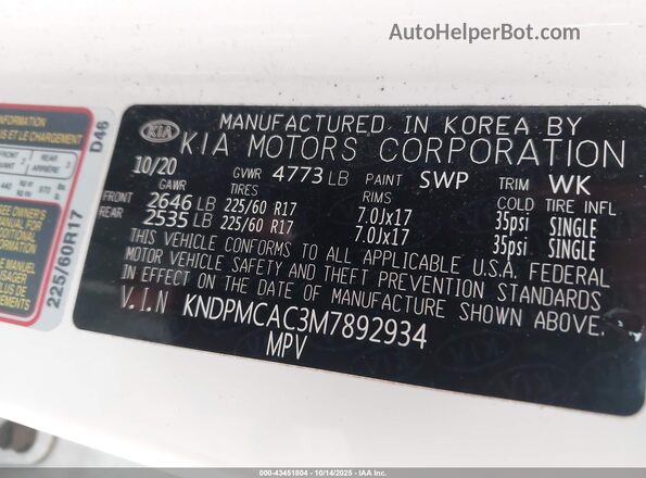KNDPMCAC3M7892934 2021 KIA SPORTAGE Белый Вид подкапотного пространства