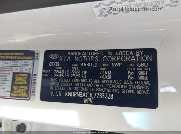 KNDPN3AC3L7733228 2020 KIA SPORTAGE White Widok komory silnika