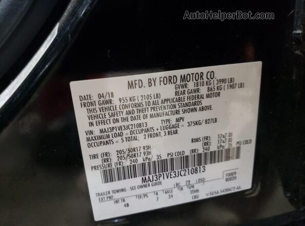 MAJ3P1VE3JC210813 2018 FORD ECOSPORT Черный Вид наклейки с VIN-кодом