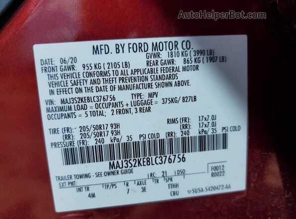 MAJ3S2KE8LC376756 2020 FORD ECOSPORT Red VIN կոդի պիտակի տեսք