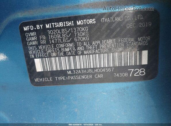 ML32A3HJ8LH004567 2020 MITSUBISHI MIRAGE Синий Вид подкапотного пространства