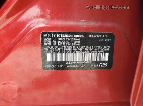 ML32AWHJXNH009788 2022 MITSUBISHI MIRAGE Красный Вид подкапотного пространства