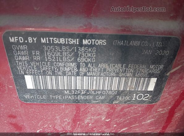ML32F3FJ8LHF07801 2020 MITSUBISHI MIRAGE G4 Red Vista del compartimento del motor