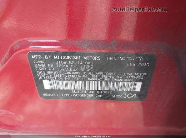 ML32F4FJ4LHF10832 2020 MITSUBISHI MIRAGE G4 Red Շարժիչի բաժամունքի տեսք