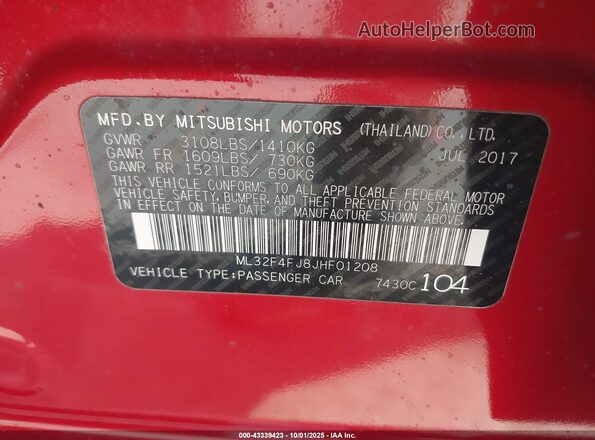 ML32F4FJ8JHF01208 2018 MITSUBISHI MIRAGE G4 Красный Вид подкапотного пространства