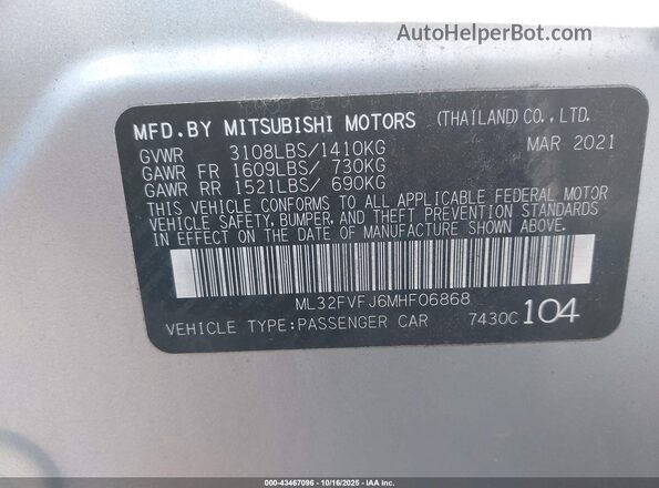 ML32FVFJ6MHF06868 2021 MITSUBISHI MIRAGE G4 Silver ძრავის განყოფილების ხედი