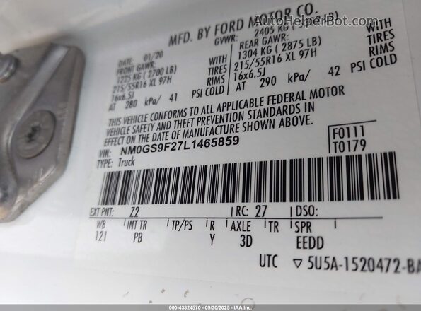 NM0GS9F27L1465859 2020 FORD PASSENGER White Widok komory silnika