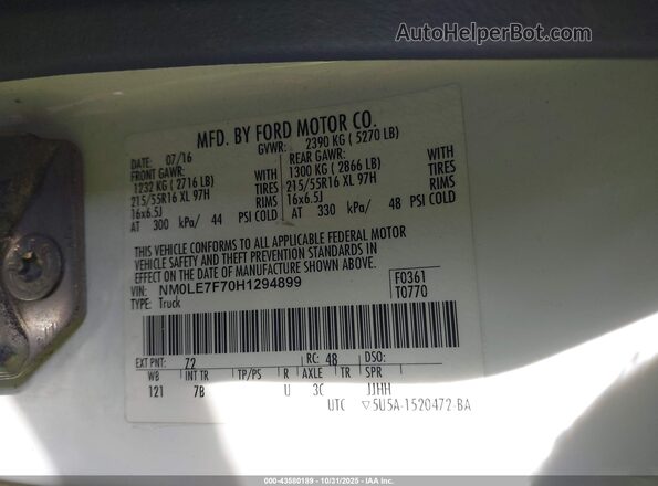 NM0LE7F70H1294899 2017 FORD TRANSIT CONNECT White Вид підкапотного простору