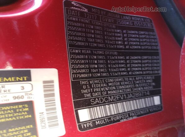 SADCM2FV1JA289714 2018 JAGUAR F-PACE Red Vista del compartimento del motor