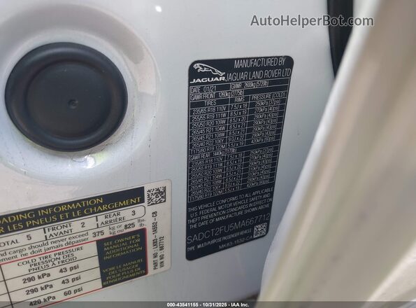 SADCT2FU5MA667712 2021 JAGUAR F-PACE White Вид підкапотного простору