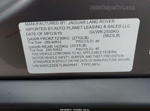 SADCZ2EE7LA629941 2020 JAGUAR F-PACE Gray Vista del compartimento del motor