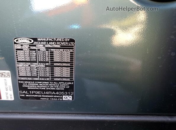 SAL1P9EU4RA405312 2024 LAND ROVER RANGE Teal VIN კოდის სტიკერის ხედი