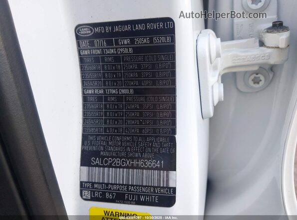 SALCP2BGXHH636641 2017 LAND ROVER DISCOVERY SPORT White Вид підкапотного простору
