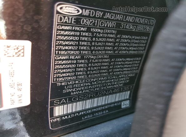 SALGS2RU2NA461351 2022 LAND ROVER RANGE Black Widok wnętrza 360 stopni