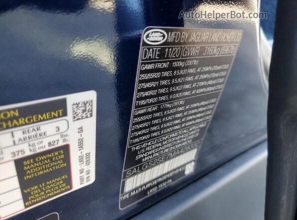 SALGS2SE7MA428332 2021 LAND ROVER RANGE Blue VIN sticker view