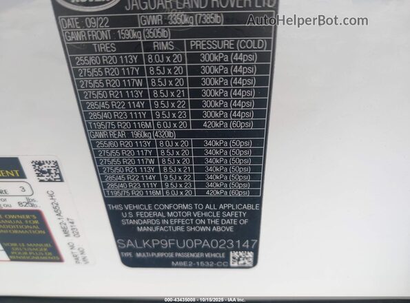 SALKP9FU0PA023147 2023 LAND ROVER RANGE ROVER Белый Вид подкапотного пространства