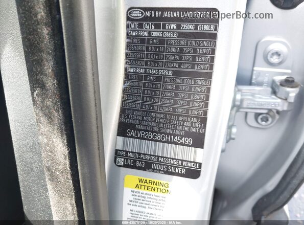 SALVR2BG8GH145499 2016 LAND ROVER RANGE ROVER EVOQUE Серебряный Вид подкапотного пространства
