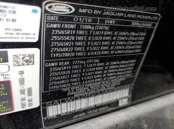 SALWG2RV3JA699984 2018 LAND ROVER RANGE Black Widok naklejki z numerem VIN