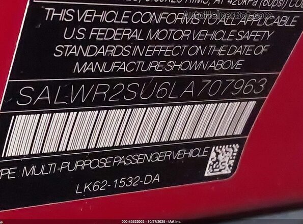SALWR2SU6LA707963 2020 LAND ROVER RANGE ROVER SPORT Красный Вид подкапотного пространства