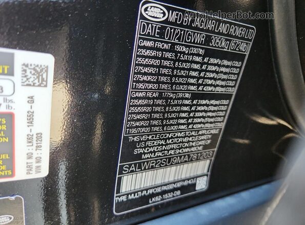 SALWR2SU9MA781203 2021 LAND ROVER RANGE Черный Вид наклейки с VIN-кодом