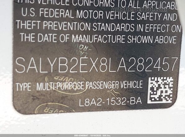 SALYB2EX8LA282457 2020 LAND ROVER RANGE ROVER VELAR White Vista del compartimento del motor