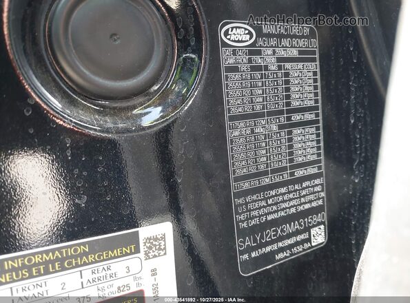 SALYJ2EX3MA315840 2021 LAND ROVER RANGE ROVER VELAR Черный Вид подкапотного пространства