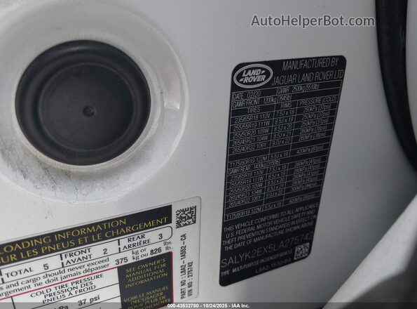 SALYK2EX5LA275742 2020 LAND ROVER RANGE ROVER VELAR Белый Вид подкапотного пространства