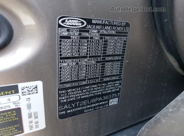 SALYT2EU8PA363757 2023 LAND ROVER RANGE Серый Вид наклейки с VIN-кодом